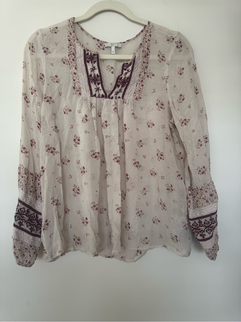 Joie Silk Peasant Cream Boho Floral Blouse Burgundy Embroidery M